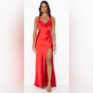 HELLO MOLLY GIRL IN THE SPOTLIGHT HALTER NECK SATIN MAXI DRESS RED